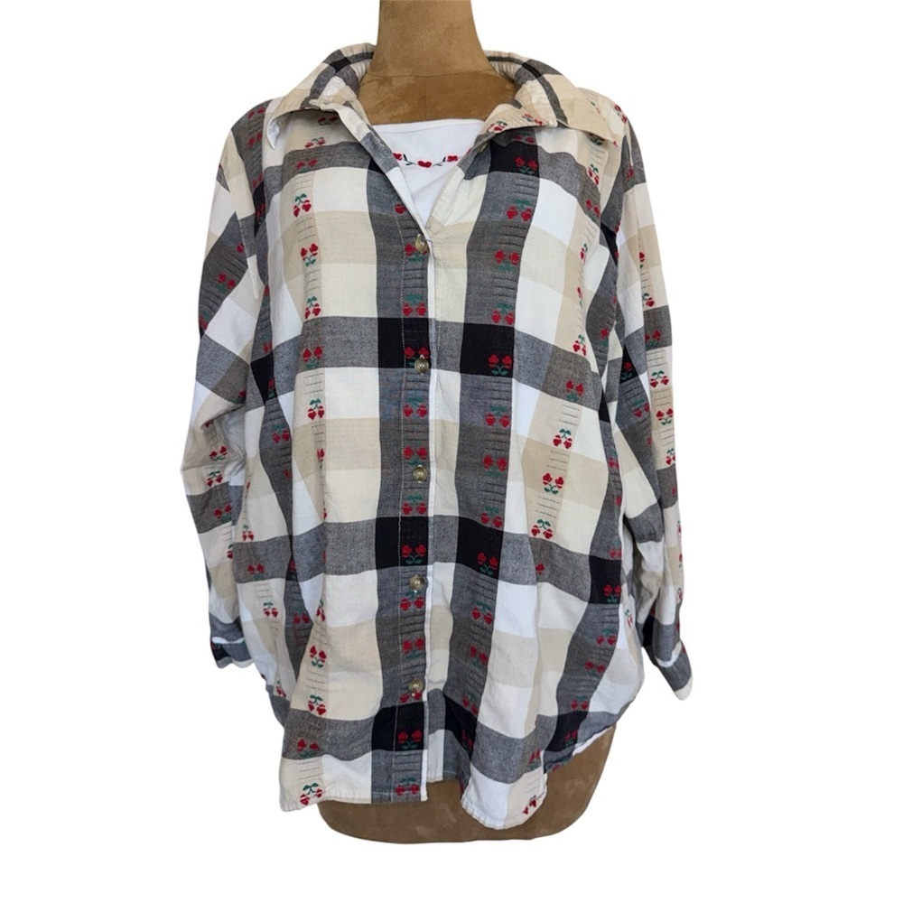 Fashion Bug 90s Vintage Plaid Button Down & Tank Embroidered Cherries Sz 26/28